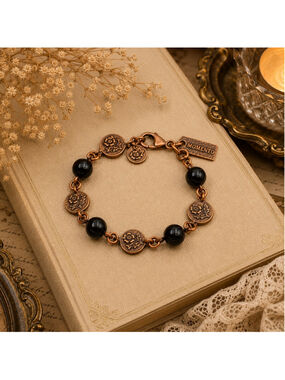Momento Artisan Copper Tone Floral Coin & Black Bead Link Bracelet Vintage Boho